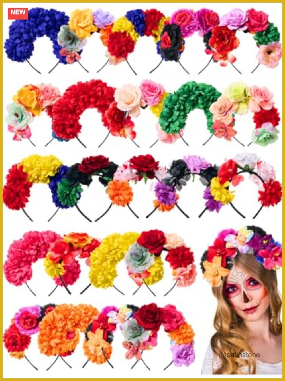 24 Pack Floral Headbands Polyester Mexican Day of Dead Festival Hair Accessories
